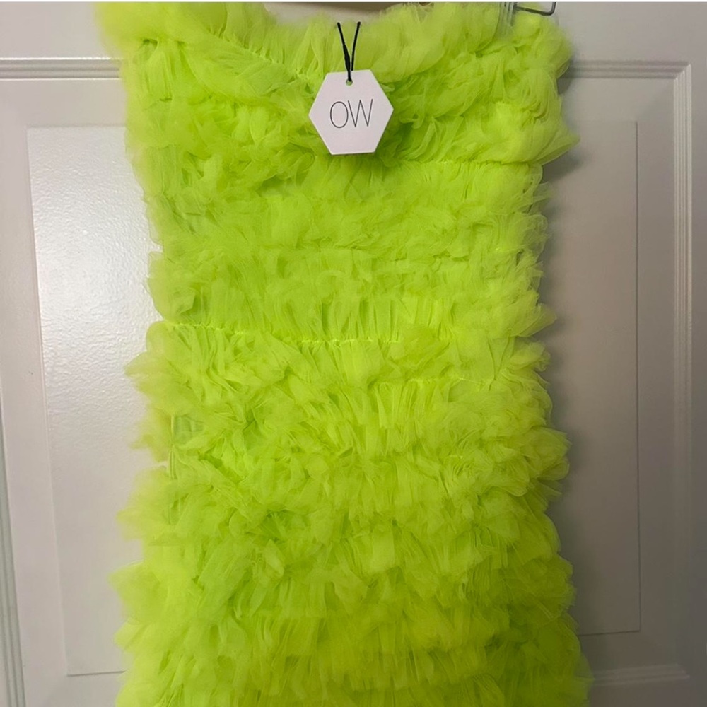 OW Collection Green Strapless Tiered Ruffle Dress